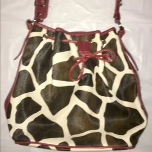 Bueno- Red/Cream/Brown Cow Hobo drawstring bag
